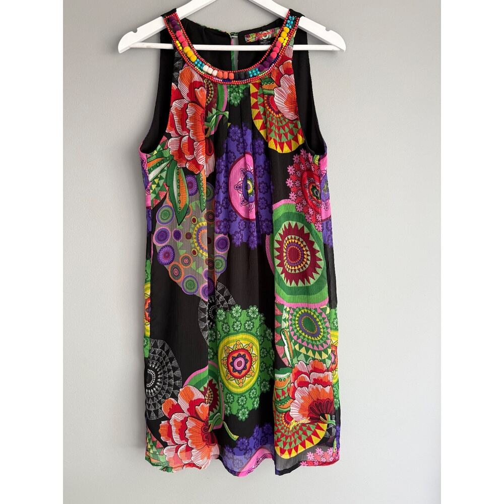 Desigual Women's 12 Shift Dress Black Multicolor Mandala Beaded Neckline Lined